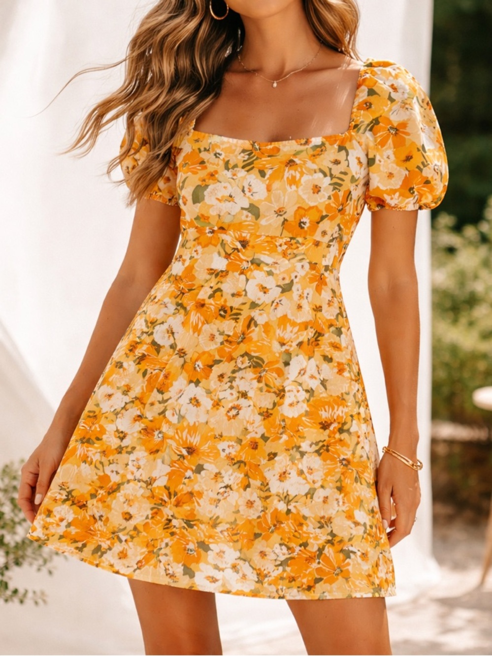 H&M Floral Mini Dress Puff Sleeve Open Back Cottagecore Medium